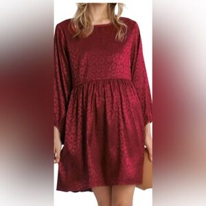 Umgee Sadie Dress Plus Size Burgundy Sateen Long Sleeves Babydoll 2X
